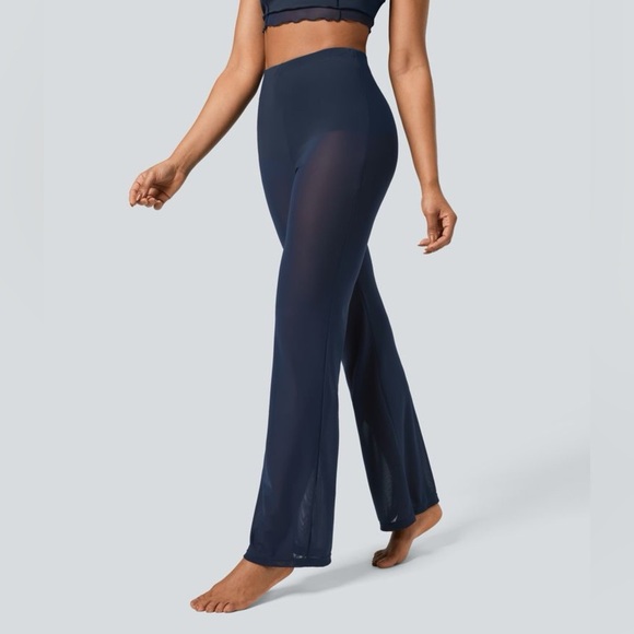 Halara High Waisted 2-in-1 Sheer Mesh Dance Flare Pants Indigo Navy Womens Large - Picture 3 of 6